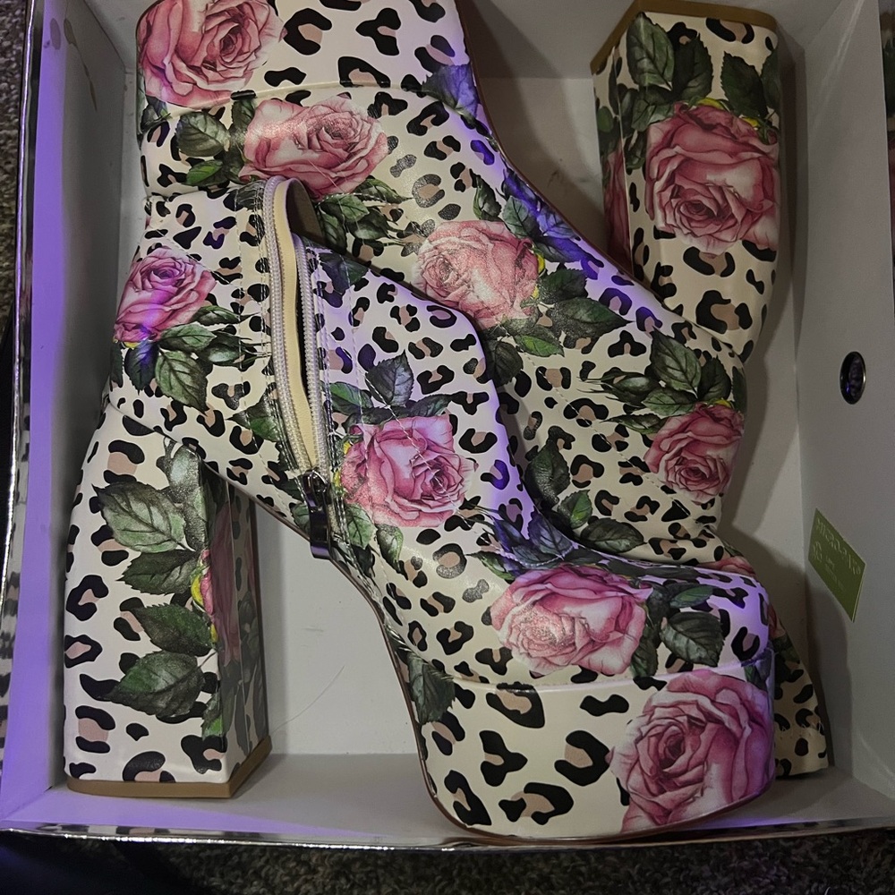 Floral Leopard Print Platform Heels w/ Ankle Zip – Statement Heels